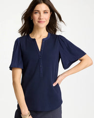 Chico's | Rib Knit Woven Flutter Sleeve Tee/ Passport Blue