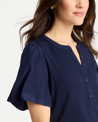 Chico's | Rib Knit Woven Flutter Sleeve Tee/ Passport Blue