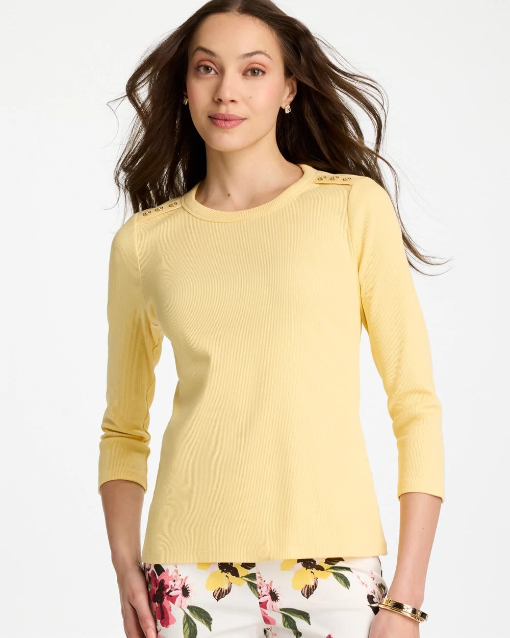 Chico's | Ribbed Button Crewneck Tee/ Golden Haze