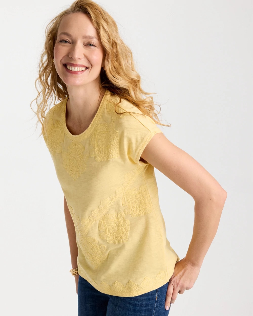 Chico's | Monochrome Embroidered Cap-Sleeve Tee/ Golden Haze