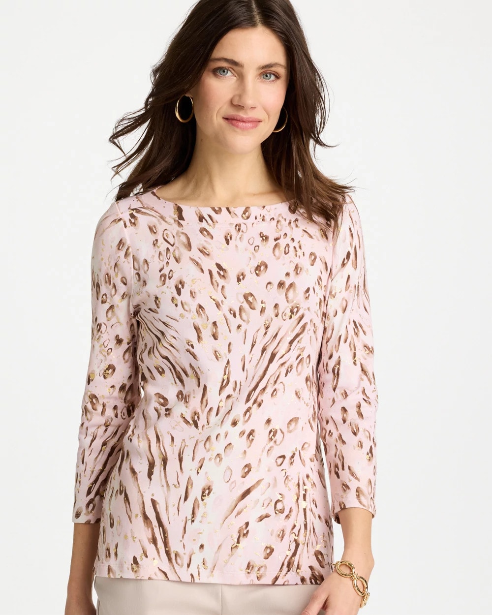 Chico's | Animal Foiled Pima 3/4 Sleeve Tee/ Alabaster