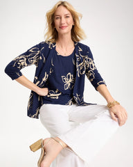 Chico's | Floral Linen Open Front Cardigan/ Passport Blue