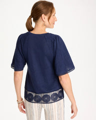 Chico's | Linen Crochet Tee/ Passport Blue