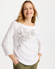 Chico's | Embroidered Pima 3/4 Sleeve Tee/ Alabaster