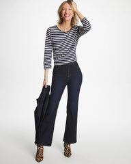 Chico's | Striped Cotton Slub 3/4 Sleeve Button Tee/ Passport Blue