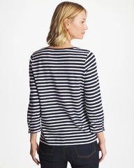 Chico's | Striped Cotton Slub 3/4 Sleeve Button Tee/ Passport Blue
