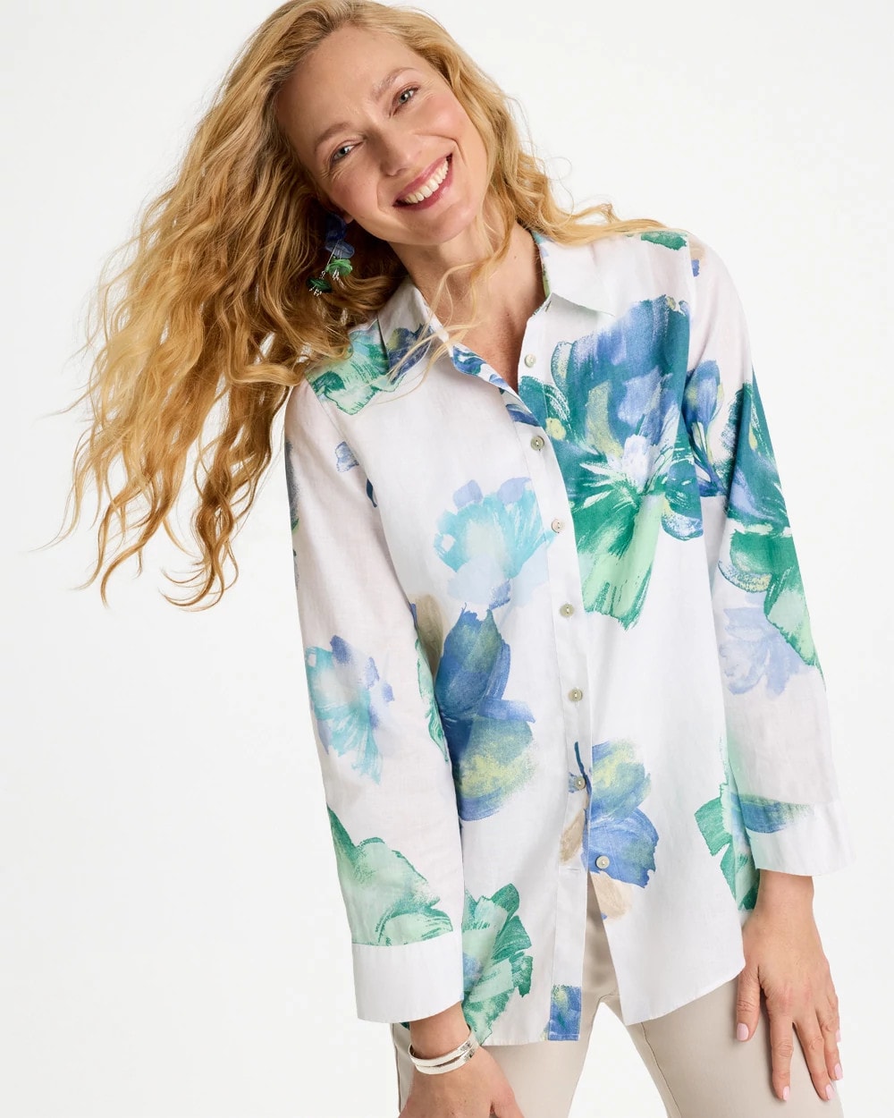 Chico's | No Iron™ Printed Linen Shirt/ Passport Blue