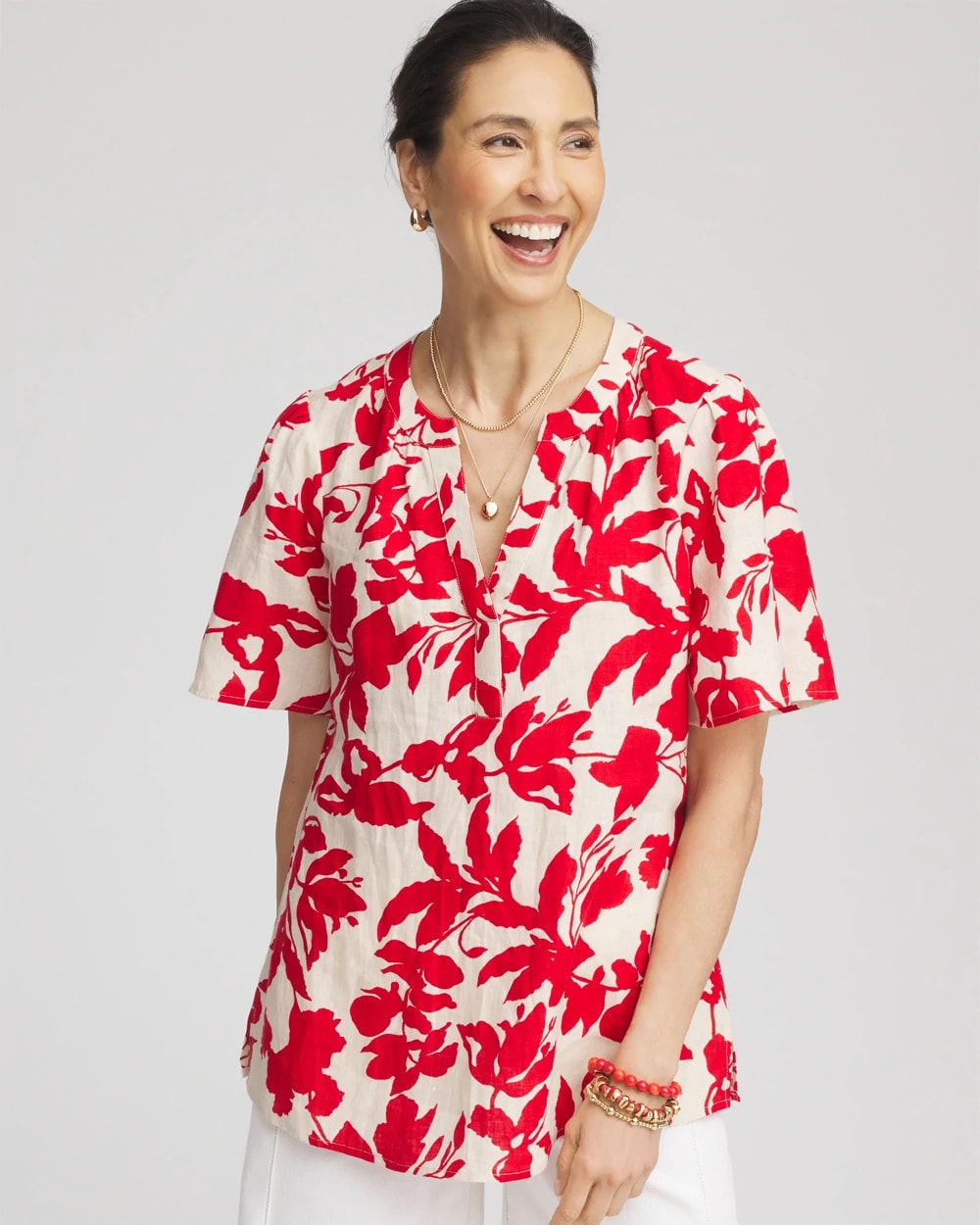 Chico's | Floral Linen Popover Shirt/ Red Glow