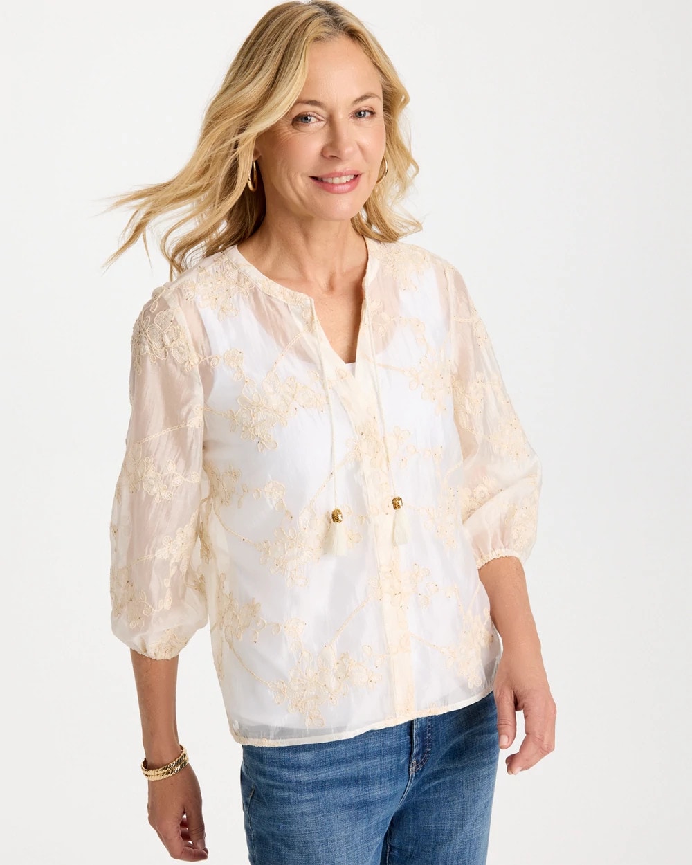 Chico's | Embroidered Tassel Tie-Front Top/ Alabaster