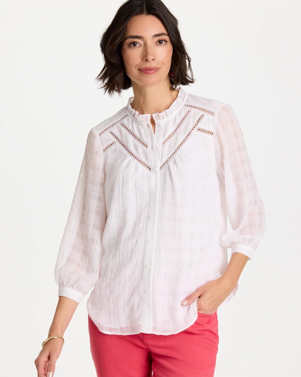 Chico's | Cutwork Trim Chiffon Blouse/ Alabaster