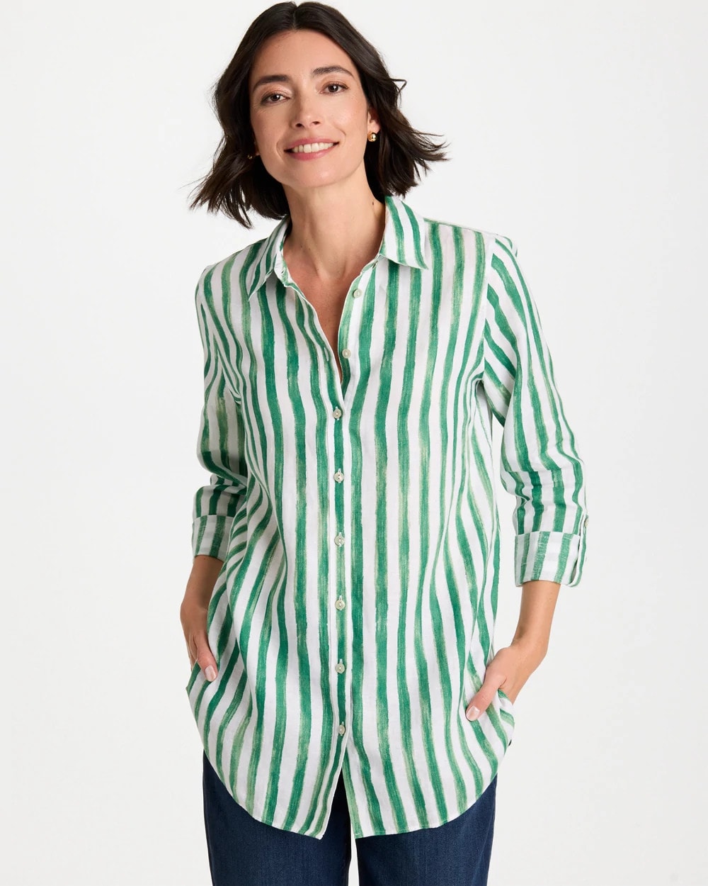 Chico's | No Iron™ Striped Linen Tunic/ Hunter Green