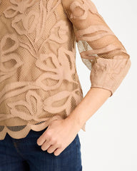 Chico's | Floral-Motif Mesh 3/4 Sleeve Top/ Cattail Brown
