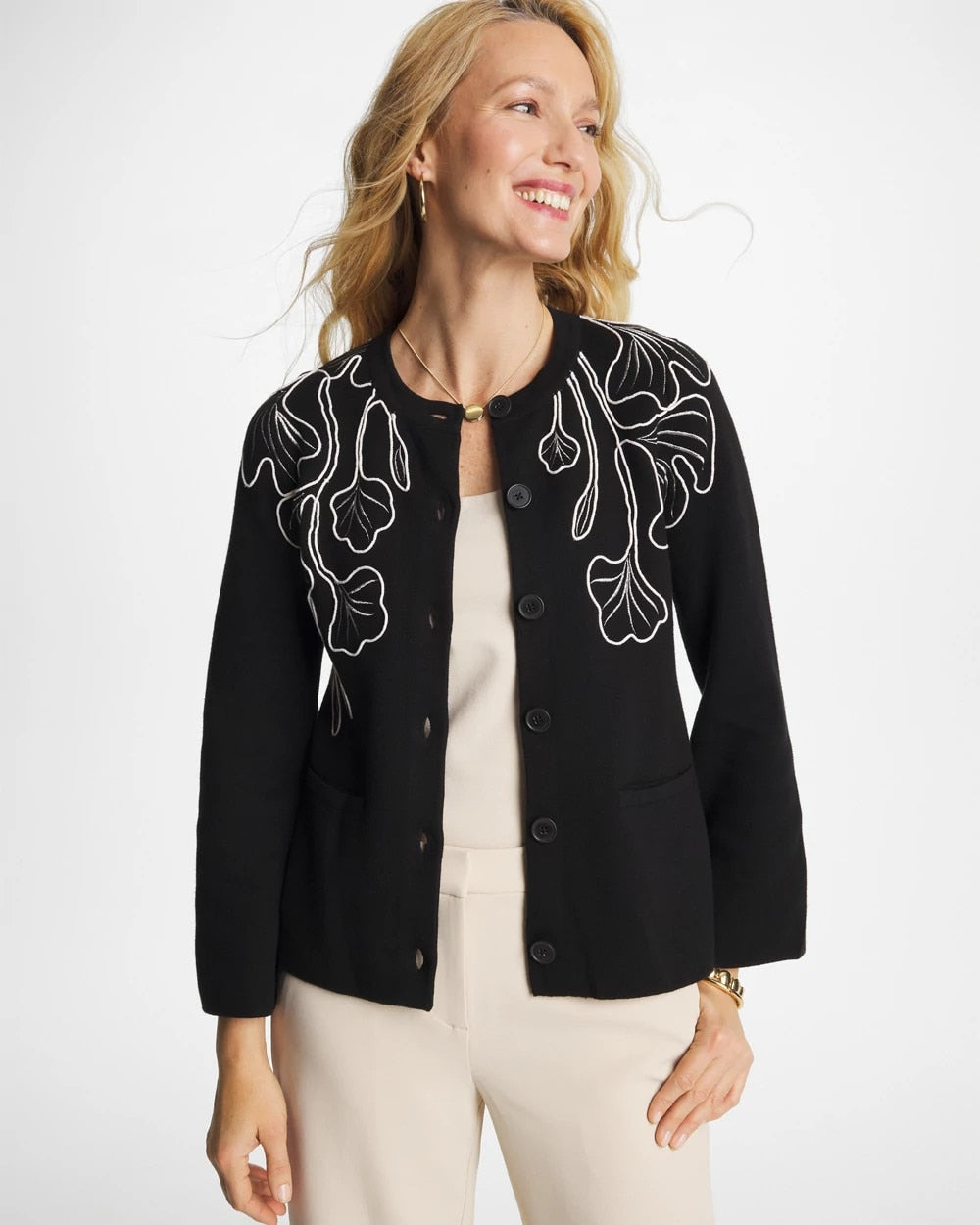Chico's | Embroidered Crewneck Cardigan Jacket/ Black