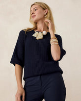 Chico's | Pointelle Crewneck Pullover Sweater/ Passport Blue