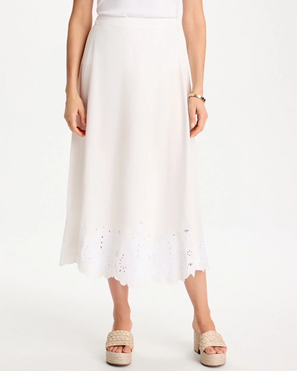 Chico's | Alabaster Twill Embroidered Hem Skirt/ Alabaster