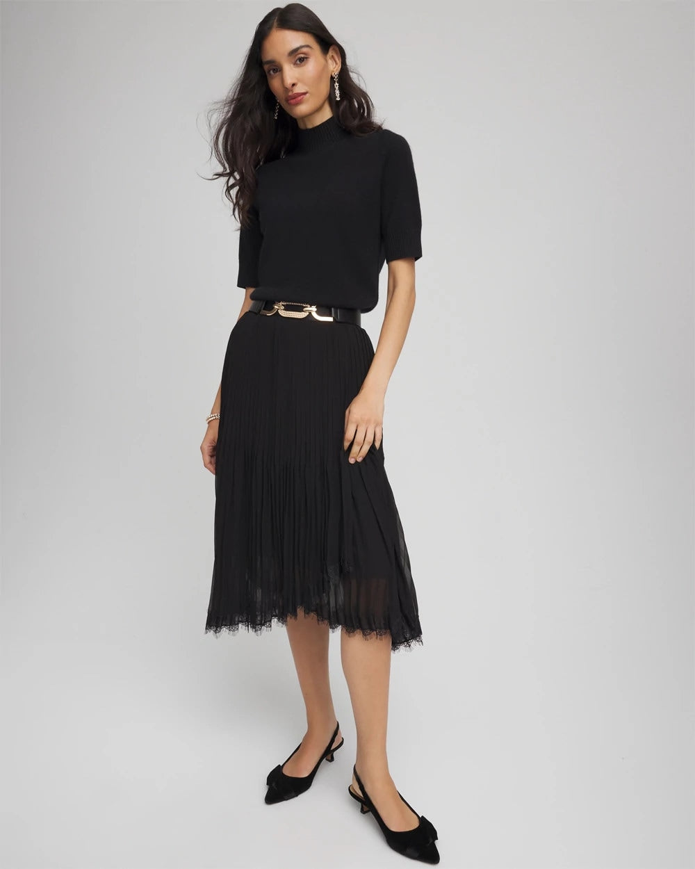 Chico's | Pleated Lace Hem Midi Skirt/ Black