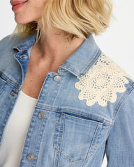 Chico's | Embroidered Frayed Denim Trucker Jacket/ Coral Reef Indigo
