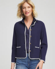 Chico's | Blanket Stitch Crewneck Cardigan/ Passport Blue