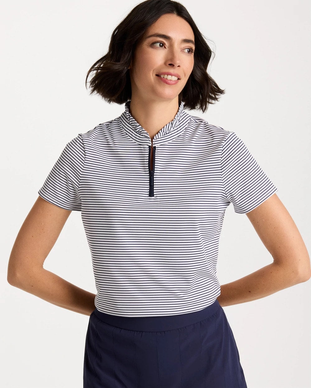 Chico's | Zenergy® UPF Ruffle Striped Half Zip/ Passport Blue
