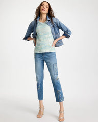 Chico's | Floral Patchwork Girlfriend Crop Jeans/ Aquamarine Indigo