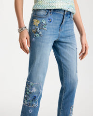 Chico's | Floral Patchwork Girlfriend Crop Jeans/ Aquamarine Indigo