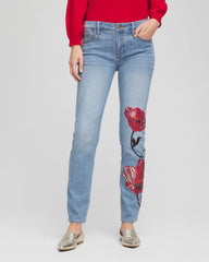 Chico's | Placed Floral Girlfriend Slim Ankle Jeans/ Poppy Indigo