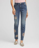 Chico's | Embellished Starbursts Girlfriend Slim Ankle Jeans/ Brilliant Blue Indigo