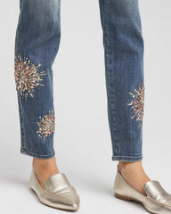 Chico's | Embellished Starbursts Girlfriend Slim Ankle Jeans/ Brilliant Blue Indigo