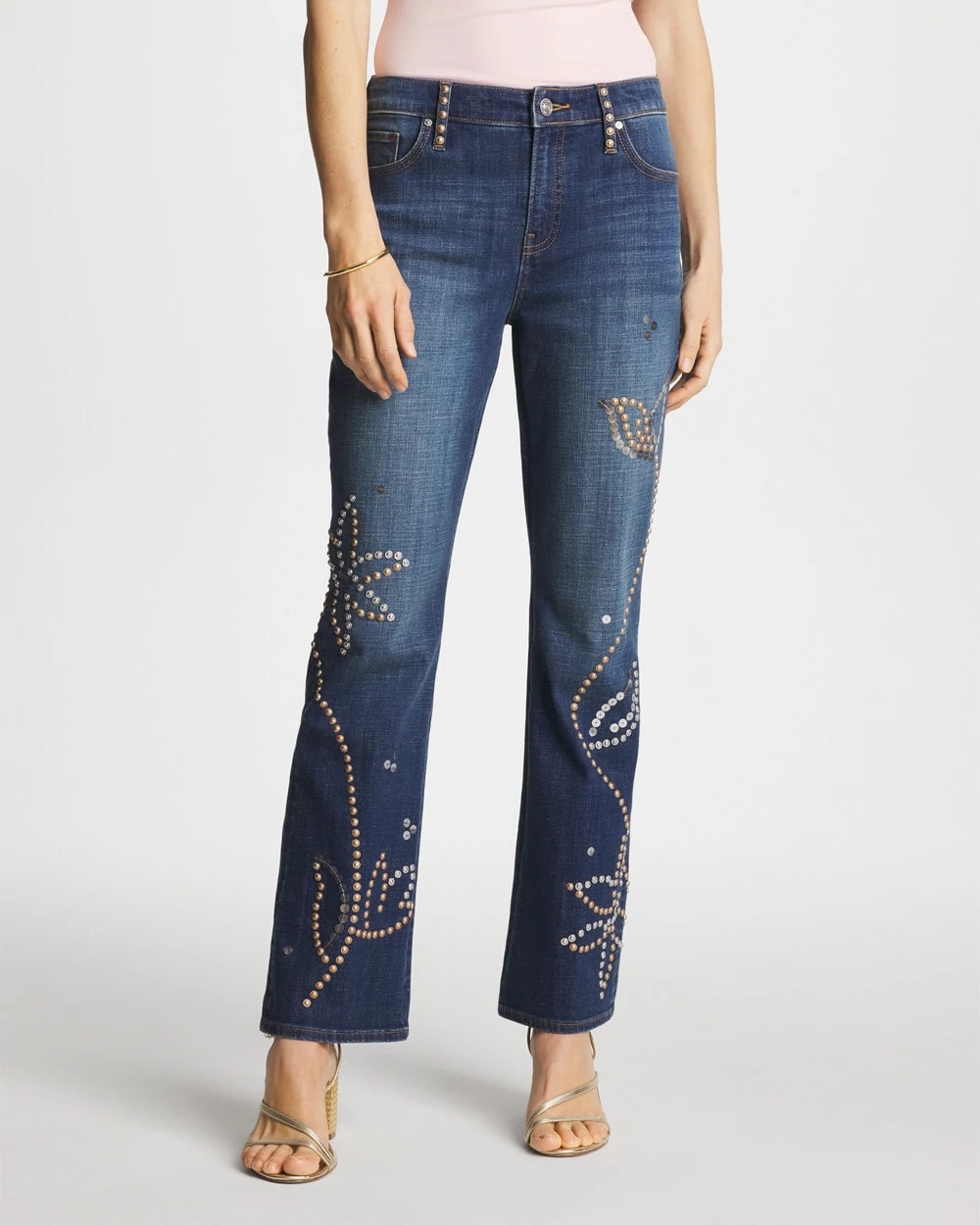 Chico's | Embellished Girlfriend Cropped Flared Jeans/ Spellbound Indigo