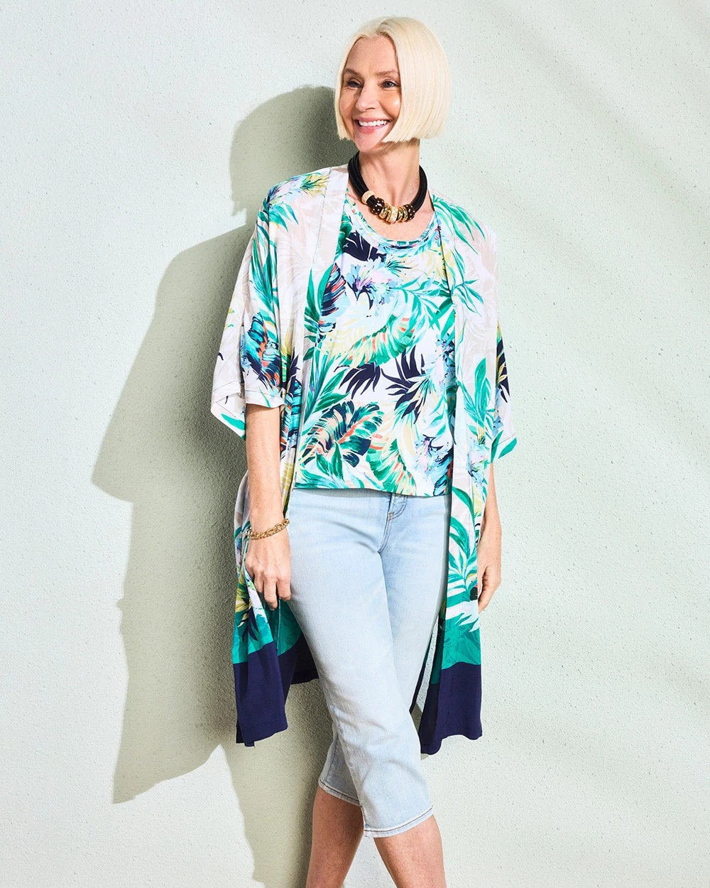 Chico's | Printed Smocked Long Kimono/ Topanga Green