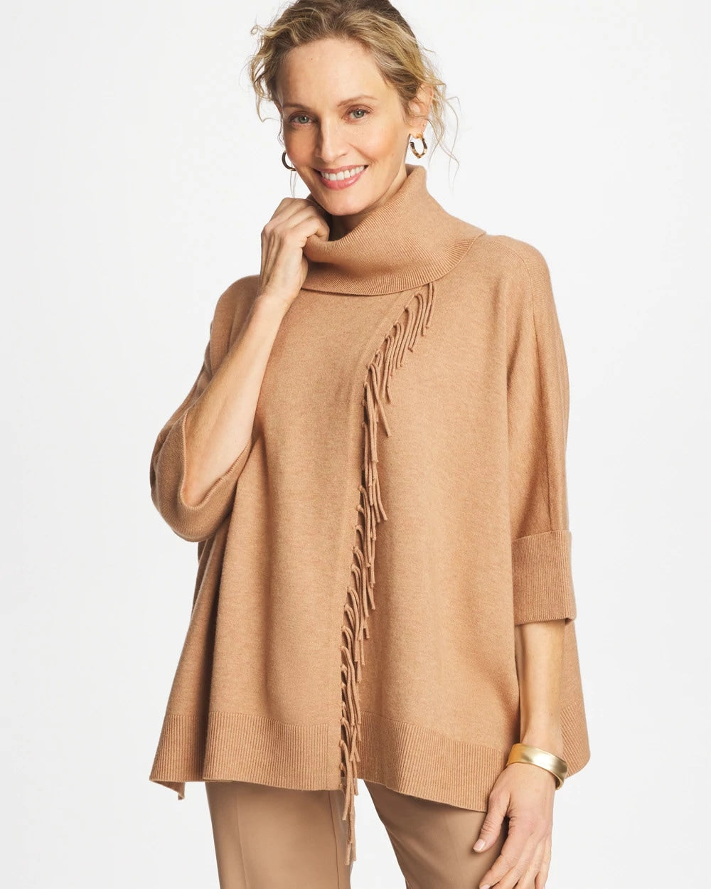 Chico's | Cowlneck Knit Fringe Poncho/ Faux Creme Coffee Heather