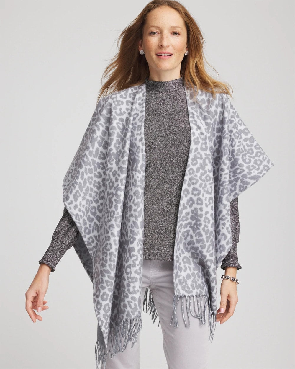 Chico's | Reversible Animal Print Fringe Ruana/ Storm Cloud