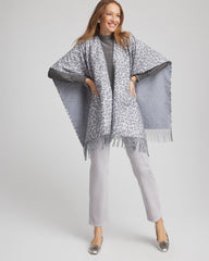 Chico's | Reversible Animal Print Fringe Ruana/ Storm Cloud