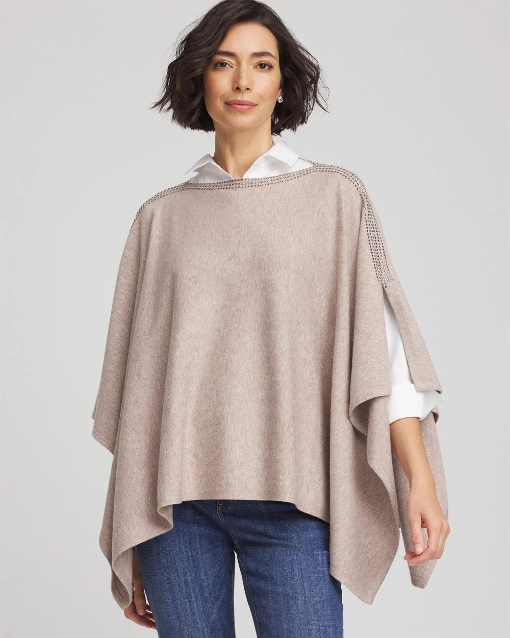 Chico's | Rhinestone Embellished Poncho/ Light Taupe Heather