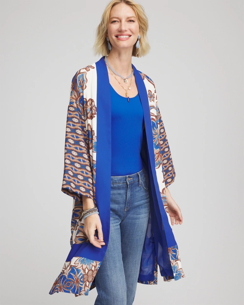 Chico's | Crepe Long Printed Kimono/ English Cream
