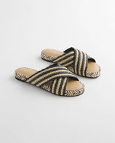 Chico's | Striped Raffia Cross-Strap Slide Sandal/ Black Raffia