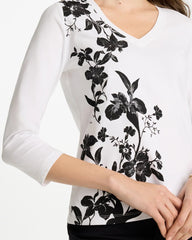 Chico's | Printed Cotton Stretch 3/4 Sleeve Tee/ Black