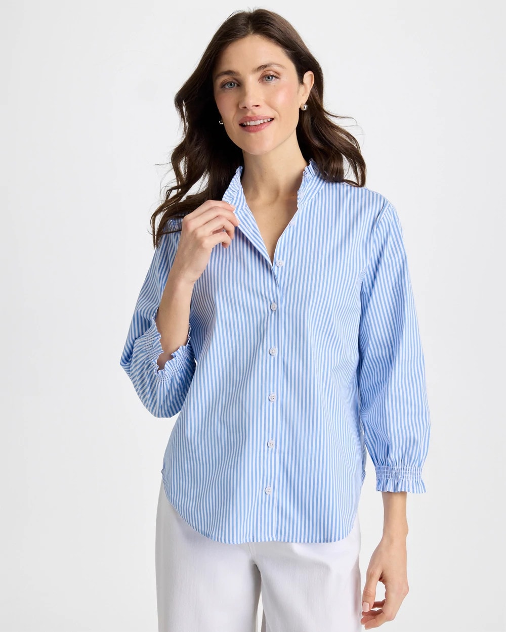 Chico's | Striped Poplin Ruffle Neck Shirt/ Tidal Blue