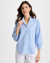 Chico's | Striped Poplin Ruffle Neck Shirt/ Tidal Blue