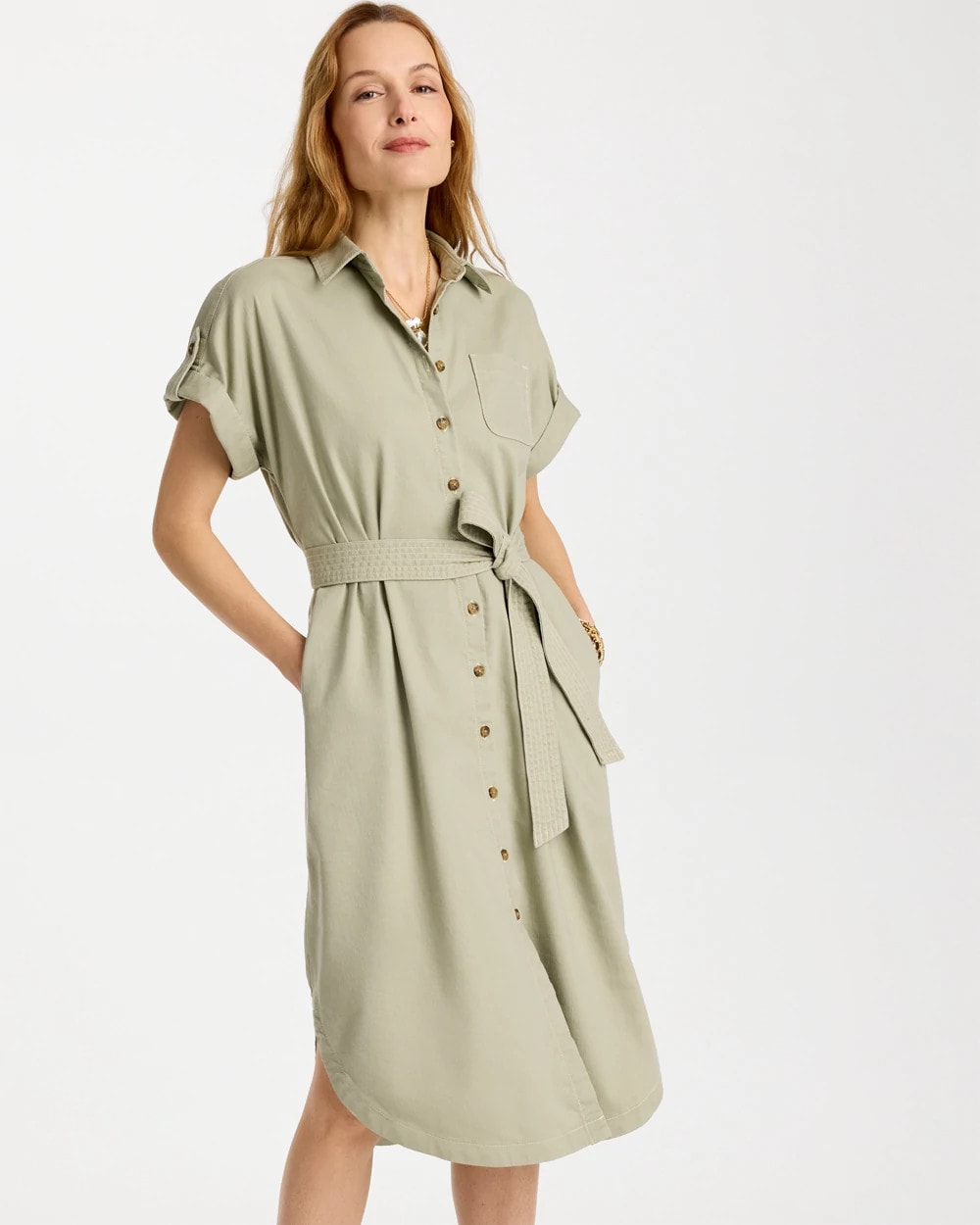 Chico's | Dolman Tie Hemp Denim Shirtdress/ Seagrass Green
