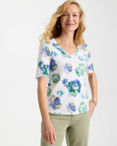 Chico's | Printed Cotton Slub V-Neck Tee/ Passport Blue