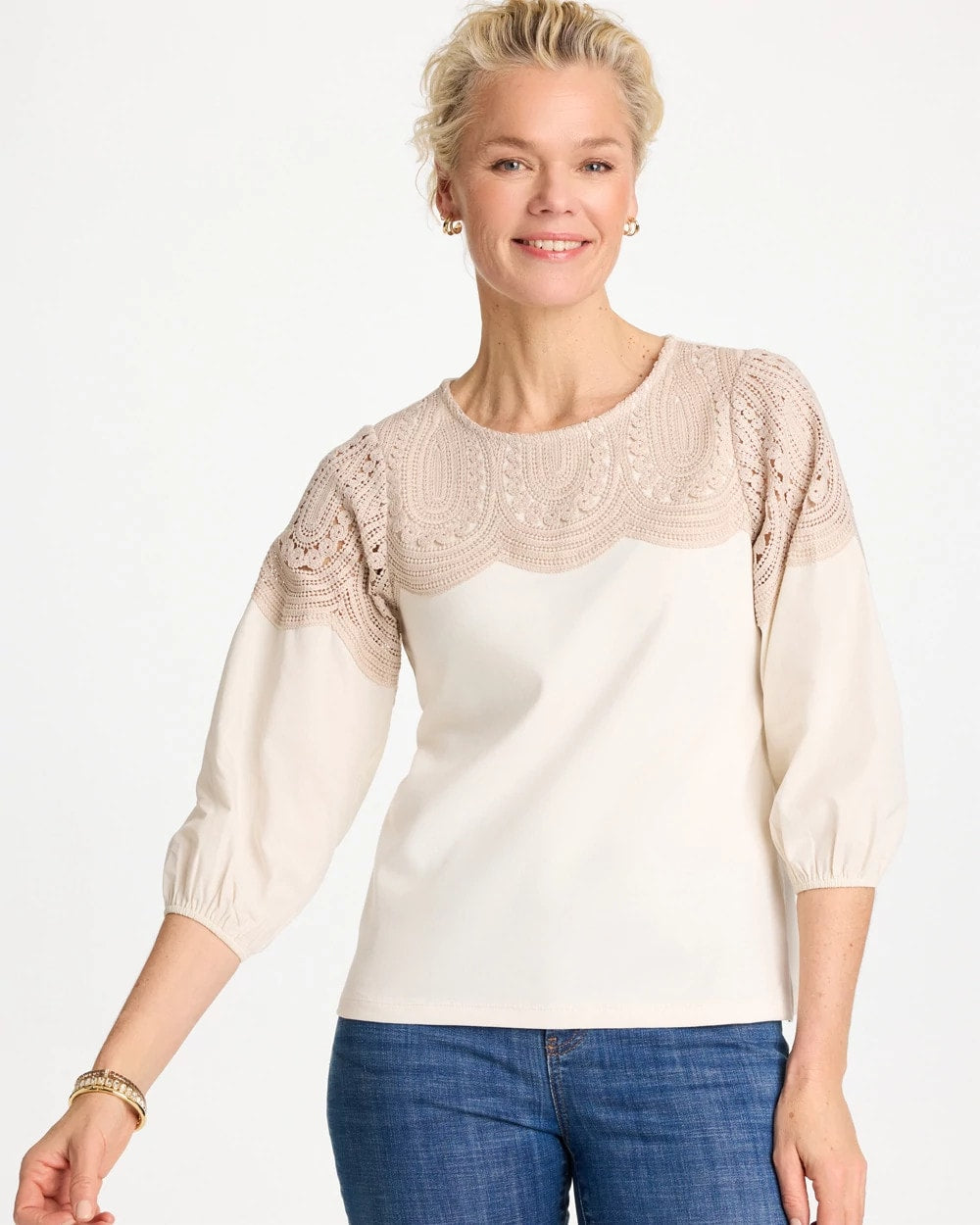 Chico's | Lace Crochet Sleeve Tee/ Ecru