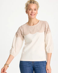 Chico's | Lace Crochet Sleeve Tee/ Ecru