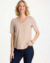Chico's | Striped Cotton Slub V-Neck Tee/ Cattail Brown