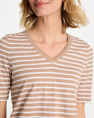 Chico's | Striped Cotton Slub V-Neck Tee/ Cattail Brown