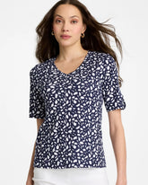 Chico's | Printed Pima V-Neck Tee/ Passport Blue