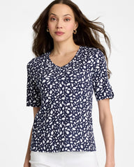 Chico's | Printed Pima V-Neck Tee/ Passport Blue
