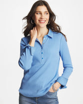 Chico's | Knit Woven Mix Rib Henley/ Tidal Blue