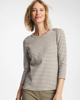 Chico's | Striped Ribbed Button Crewneck Tee/ Lichen