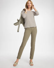 Chico's | Striped Ribbed Button Crewneck Tee/ Lichen
